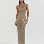 Women's Rhinestone Maxi Dress Square Neck Formal Evening Gown Gala Red Carpet - Victrafia