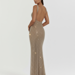 Women's Rhinestone Maxi Dress Square Neck Formal Evening Gown Gala Red Carpet - Victrafia