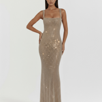 Women's Rhinestone Maxi Dress Square Neck Formal Evening Gown Gala Red Carpet - Victrafia