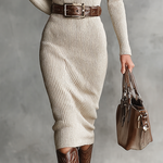 Women's Ribbed Knit Midi Dress Long Sleeve Half Turtleneck V-Neck Belted Bodycon - Victrafia