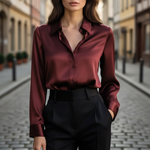 Women's Satin Blouse Long Sleeve Button-Down Office Workwear Shirt - Victrafia