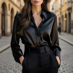 Women's Satin Blouse Long Sleeve Button-Down Office Workwear Shirt - Victrafia