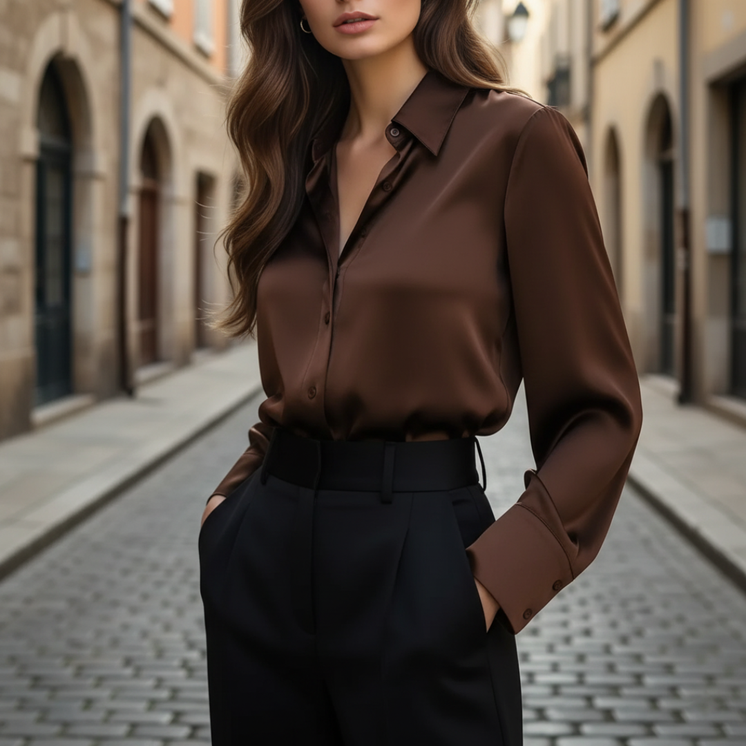 Women's Satin Blouse Long Sleeve Button-Down Office Workwear Shirt - Victrafia