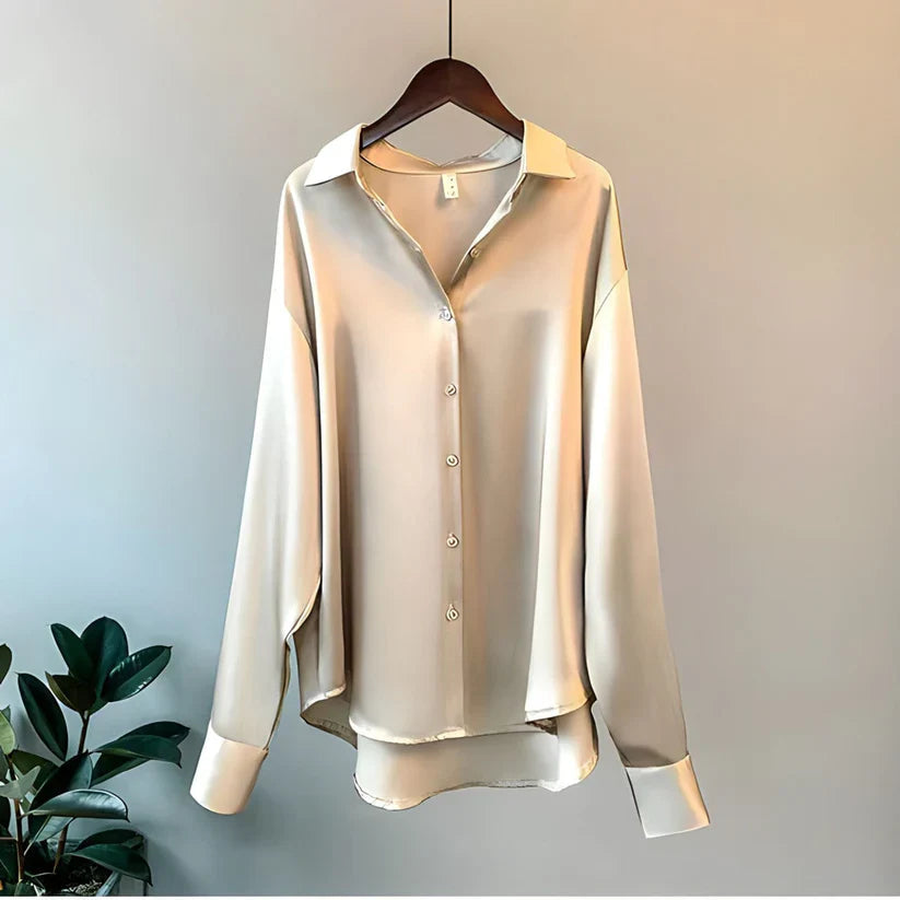Women's Satin Blouse Long Sleeve Button-Down Office Workwear V-Neck Shirt - Victrafia