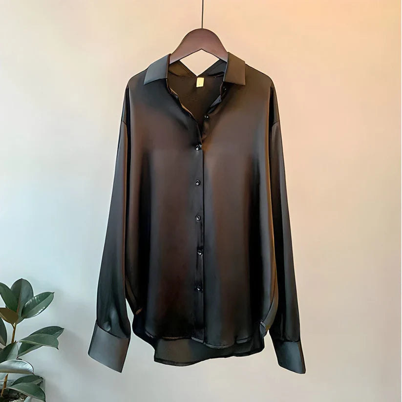 Women's Satin Blouse Long Sleeve Button-Down Office Workwear V-Neck Shirt - Victrafia