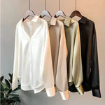 Women's Satin Blouse Long Sleeve Button-Down Office Workwear V-Neck Shirt - Victrafia