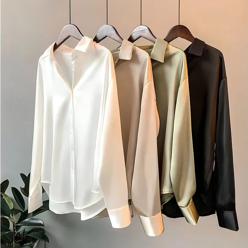 Women's Satin Blouse Long Sleeve Button-Down Office Workwear V-Neck Shirt - Victrafia