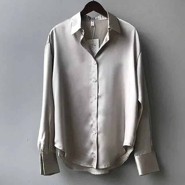 Women's Satin Blouse Long Sleeve Button-Down Structured Collar Office Workwear Evening - Victrafia