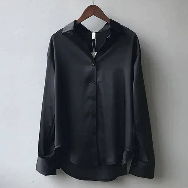 Women's Satin Blouse Long Sleeve Button-Down Structured Collar Office Workwear Evening - Victrafia