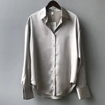 Women's Satin Blouse Long Sleeve Button-Down Structured Collar Office Workwear - Victrafia