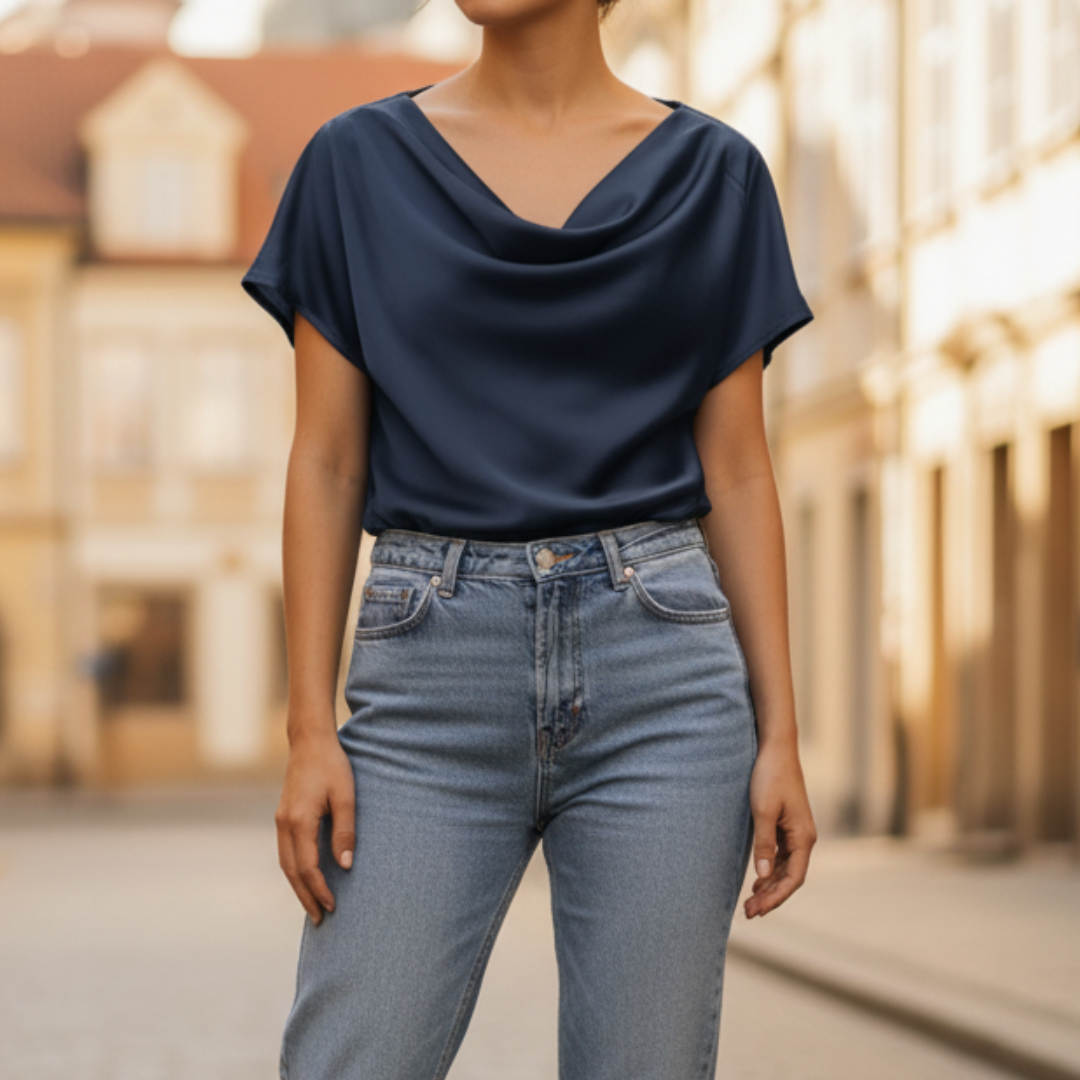 Women's Satin Cowl Neck Blouse Short Sleeve Office Workwear Evening Top - Victrafia