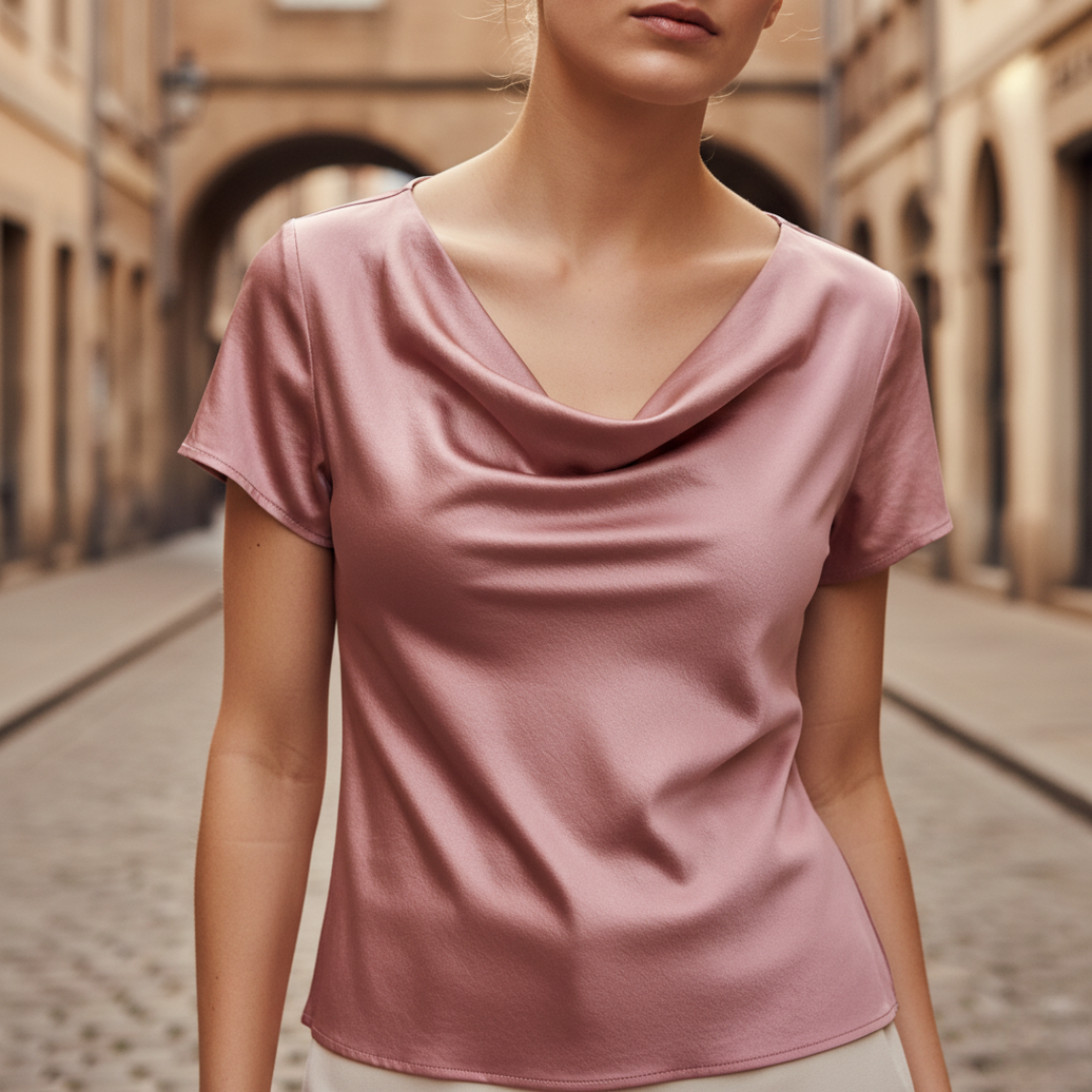 Women's Satin Cowl Neck Blouse Short Sleeve Office Workwear Evening Top - Victrafia