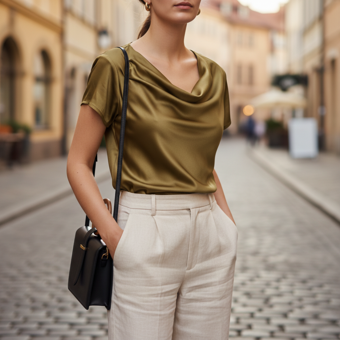 Women's Satin Cowl Neck Blouse Short Sleeve Office Workwear Evening Top - Victrafia