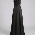 Women's Satin Maxi Dress Cowl Neck Spaghetti Strap Formal Evening Gown Slit - Victrafia