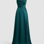 Women's Satin Maxi Dress Cowl Neck Spaghetti Strap Formal Evening Gown Slit - Victrafia