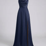 Women's Satin Maxi Dress Cowl Neck Spaghetti Strap Formal Evening Gown Slit - Victrafia