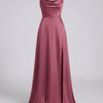 Women's Satin Maxi Dress Cowl Neck Spaghetti Strap Formal Evening Gown Slit - Victrafia