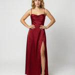 Women's Satin Maxi Dress Cowl Neck Spaghetti Strap Formal Evening Gown Slit - Victrafia