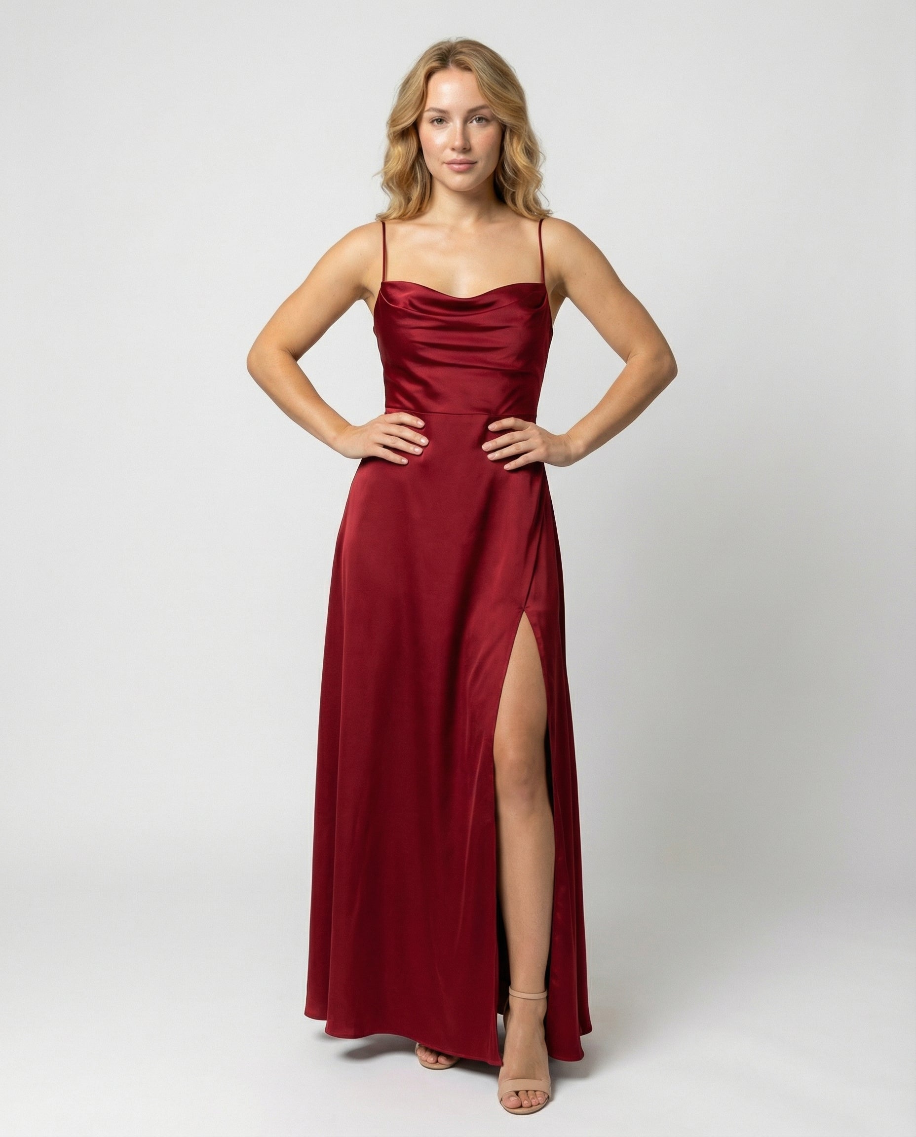 Women's Satin Maxi Dress Cowl Neck Spaghetti Strap Formal Evening Gown Slit - Victrafia