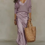 Women's Satin Slip Maxi Dress V-Neck Formal Evening Wedding Guest - Victrafia