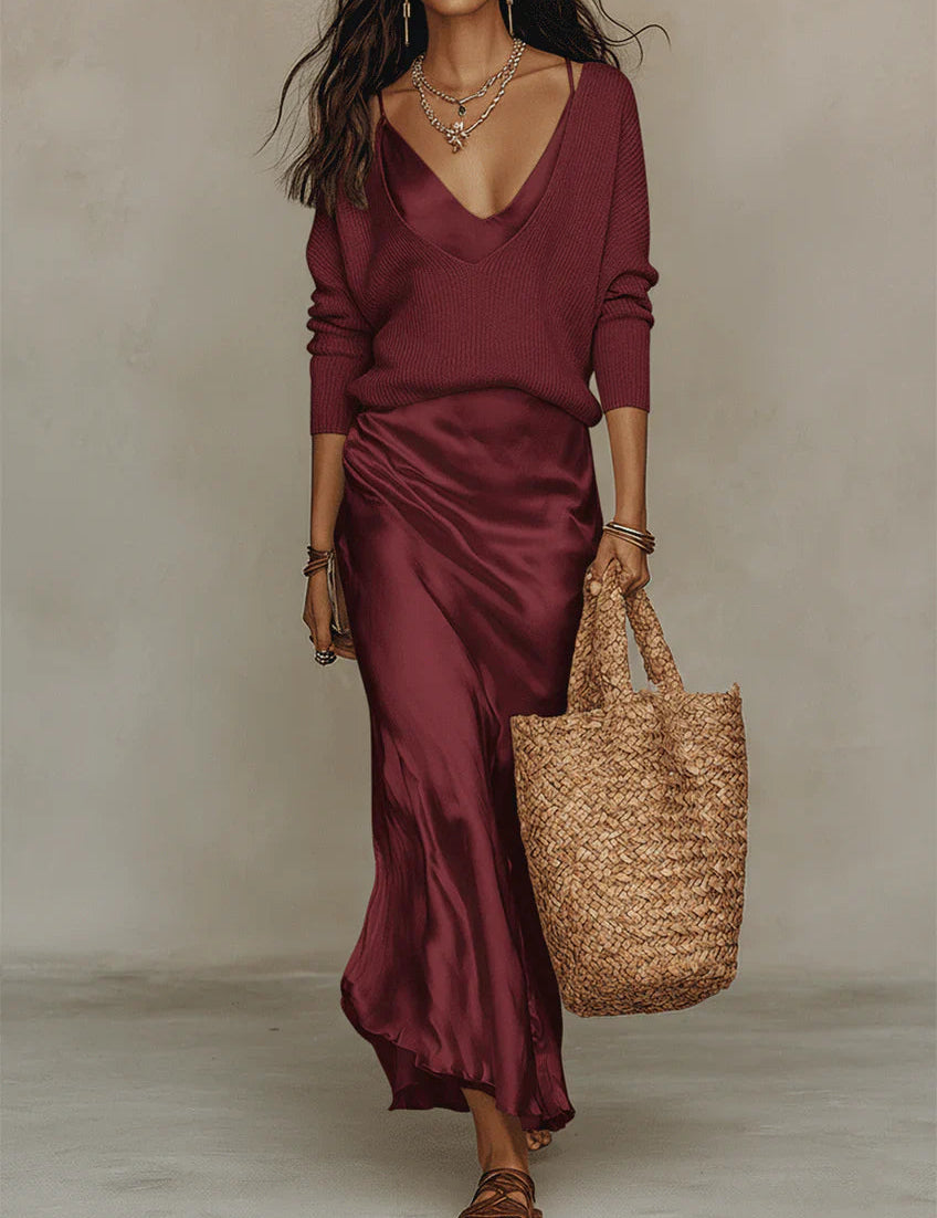Women's Satin Slip Maxi Dress V-Neck Formal Evening Wedding Guest - Victrafia