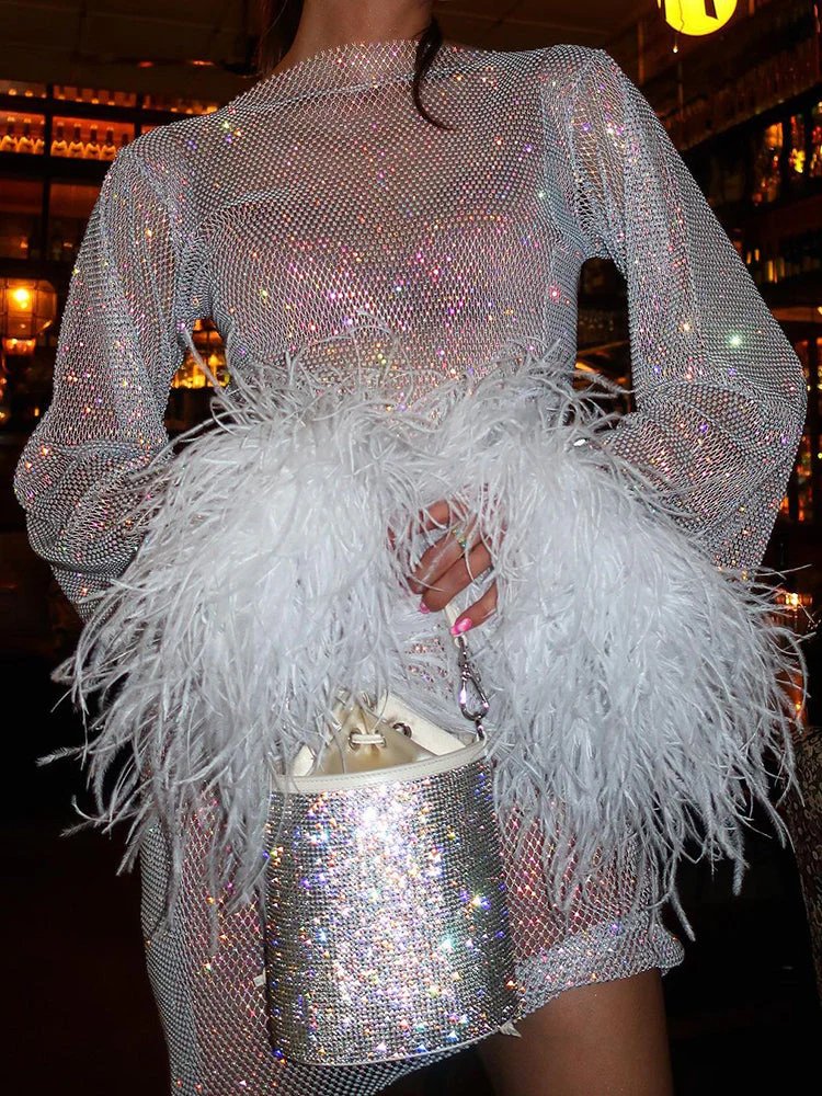 Women's Sequin Shimmer Mini Dress Long Sleeve Feather Cuff Cocktail Party Night Out - Victrafia