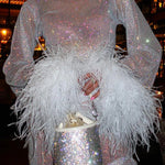 Women's Sequin Shimmer Mini Dress Long Sleeve Feather Cuff Cocktail Party Night Out - Victrafia