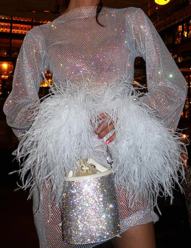 Women's Sequin Shimmer Mini Dress Long Sleeve Feather Cuff Cocktail Party Night Out - Victrafia