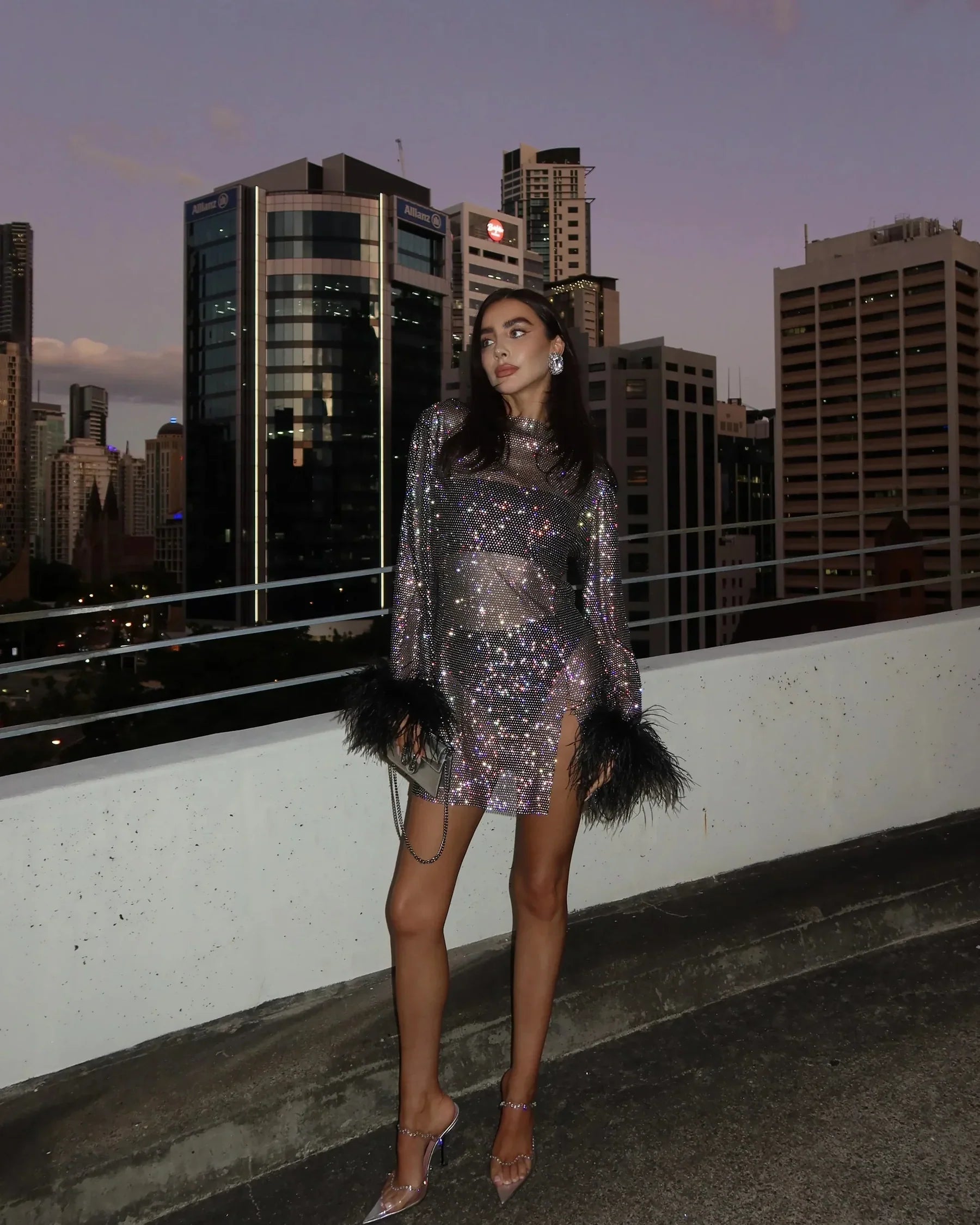 Women's Sequin Shimmer Mini Dress Long Sleeve Feather Cuff Cocktail Party Night Out - Victrafia