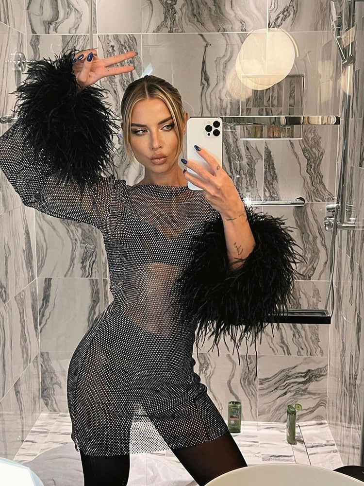 Women's Sequin Shimmer Mini Dress Long Sleeve Feather Cuff Cocktail Party Night Out - Victrafia