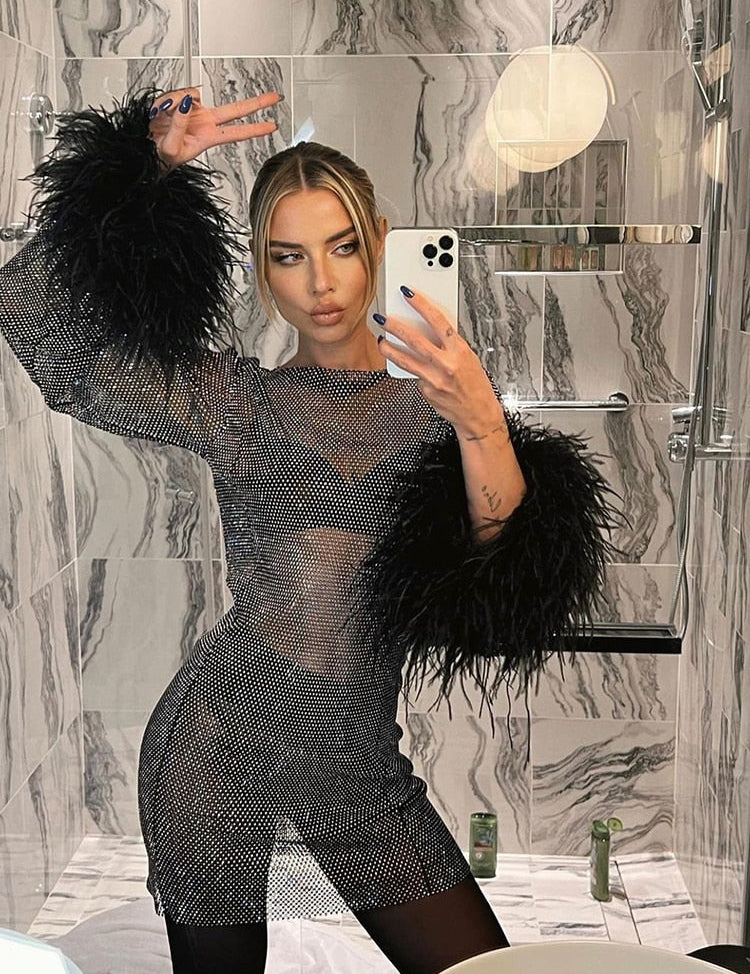 Women's Sequin Shimmer Mini Dress Long Sleeve Feather Cuff Cocktail Party Night Out - Victrafia