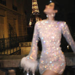 Women's Sequin Shimmer Mini Dress Long Sleeve Feather Cuff Cocktail Party Night Out - Victrafia