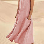 Women's Sleeveless Linen Midi Dress Relaxed Fit Casual Summer Vacation Pockets - Victrafia