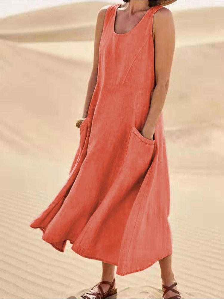Women's Sleeveless Linen Midi Dress Relaxed Fit Casual Summer Vacation Pockets - Victrafia