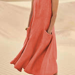 Women's Sleeveless Linen Midi Dress Relaxed Fit Casual Summer Vacation Pockets - Victrafia