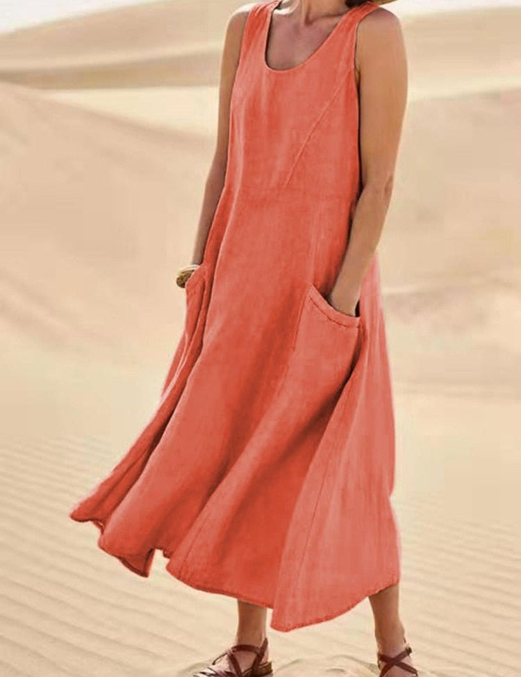 Women's Sleeveless Linen Midi Dress Relaxed Fit Casual Summer Vacation Pockets - Victrafia