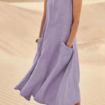 Women's Sleeveless Linen Midi Dress Relaxed Fit Casual Summer Vacation Pockets - Victrafia