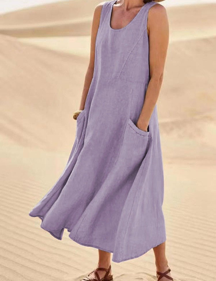 Women's Sleeveless Linen Midi Dress Relaxed Fit Casual Summer Vacation Pockets - Victrafia