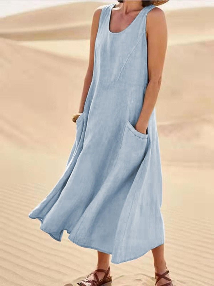 Women's Sleeveless Linen Midi Dress Relaxed Fit Casual Summer Vacation Pockets - Victrafia