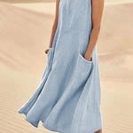 Women's Sleeveless Linen Midi Dress Relaxed Fit Casual Summer Vacation Pockets - Victrafia