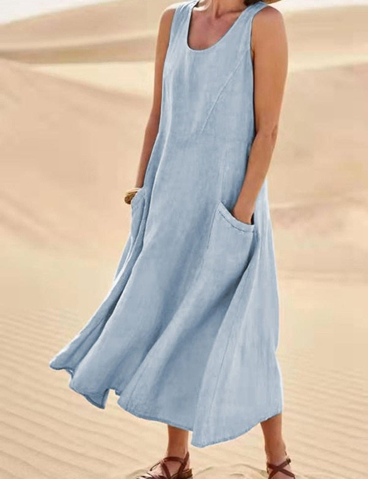 Women's Sleeveless Linen Midi Dress Relaxed Fit Casual Summer Vacation Pockets - Victrafia