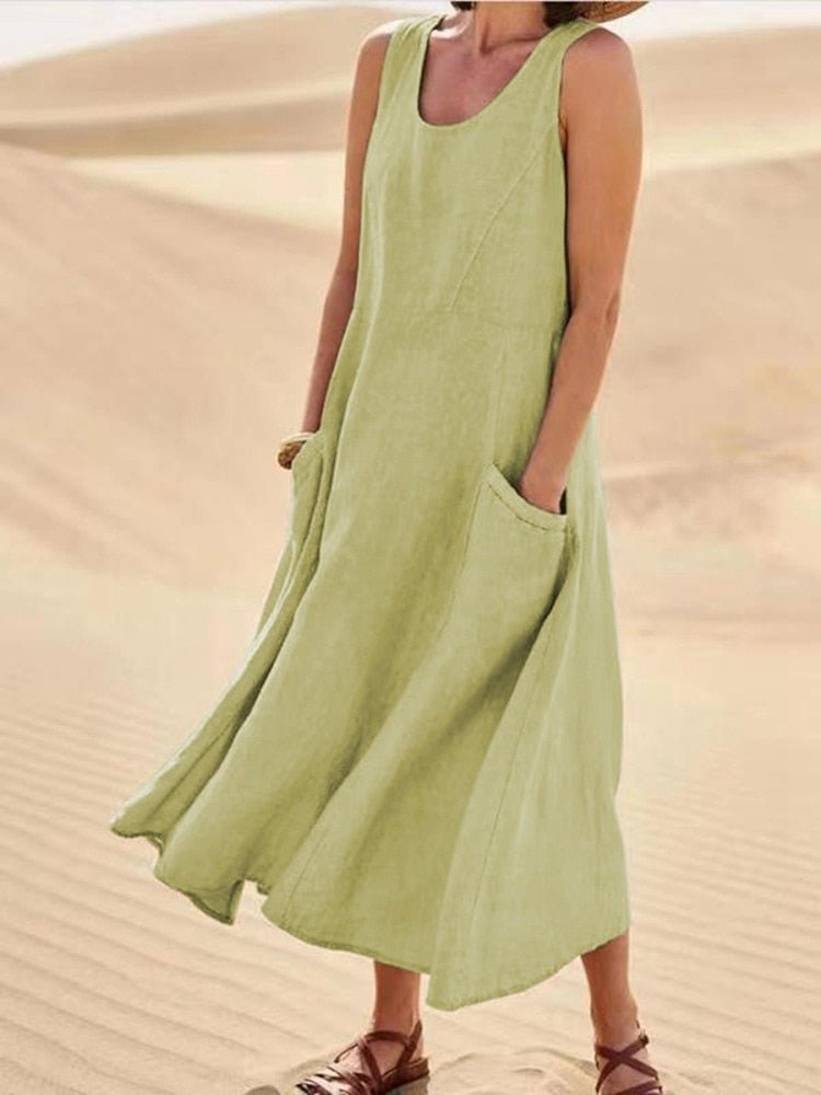 Women's Sleeveless Linen Midi Dress Relaxed Fit Casual Summer Vacation Pockets - Victrafia