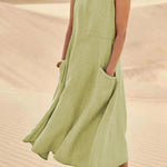Women's Sleeveless Linen Midi Dress Relaxed Fit Casual Summer Vacation Pockets - Victrafia