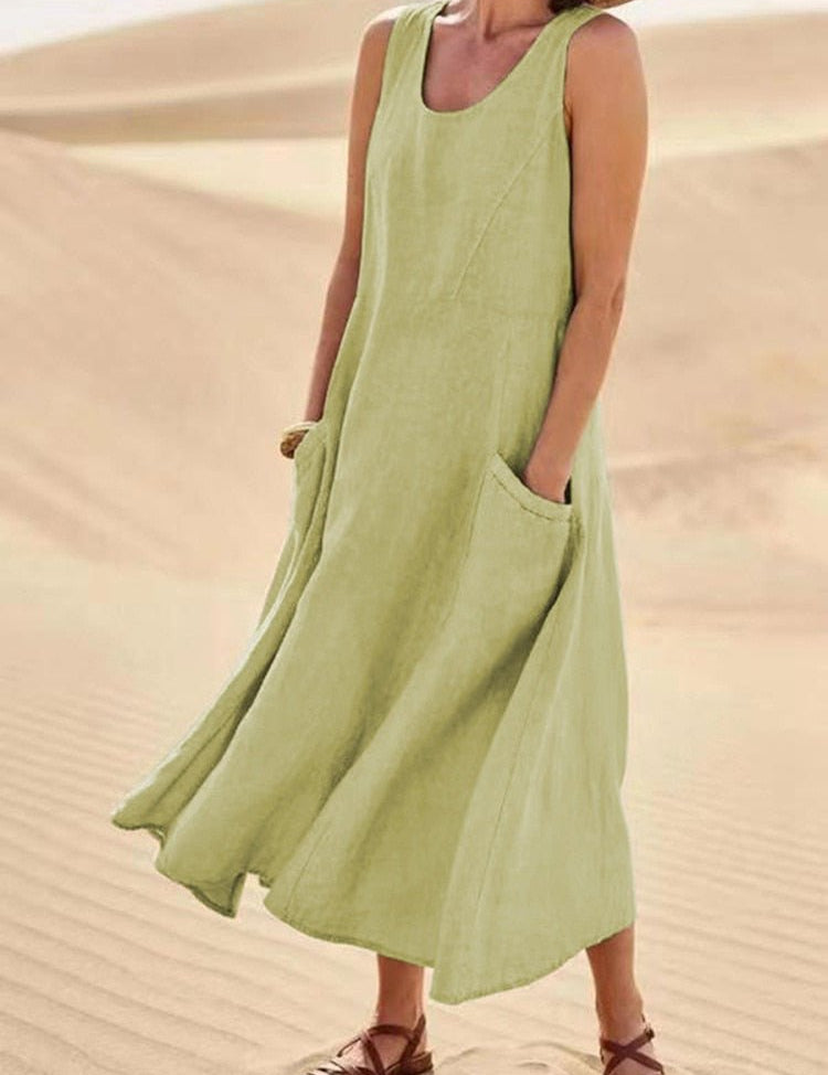 Women's Sleeveless Linen Midi Dress Relaxed Fit Casual Summer Vacation Pockets - Victrafia