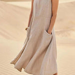 Women's Sleeveless Linen Midi Dress Relaxed Fit Casual Summer Vacation Pockets - Victrafia