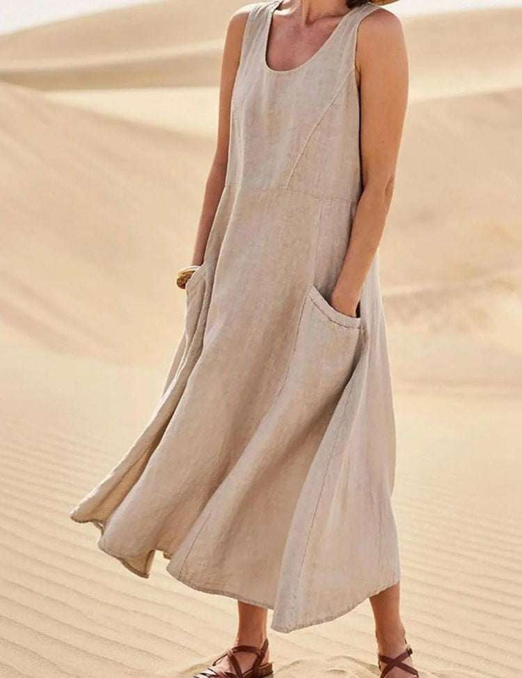 Women's Sleeveless Linen Midi Dress Relaxed Fit Casual Summer Vacation Pockets - Victrafia