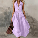 Women's Sleeveless Maxi Dress High-Waist Pleated Lapel Button-Front Summer Wedding Guest - Victrafia