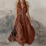 Women's Sleeveless Maxi Dress High-Waist Pleated Lapel Button-Front Summer Wedding Guest - Victrafia