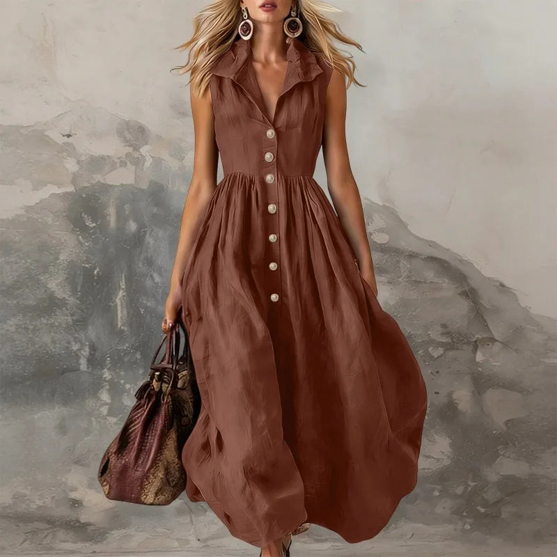 Women's Sleeveless Maxi Dress High-Waist Pleated Lapel Button-Front Summer Wedding Guest - Victrafia