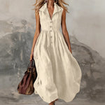 Women's Sleeveless Maxi Dress High-Waist Pleated Lapel Button-Front Summer Wedding Guest - Victrafia
